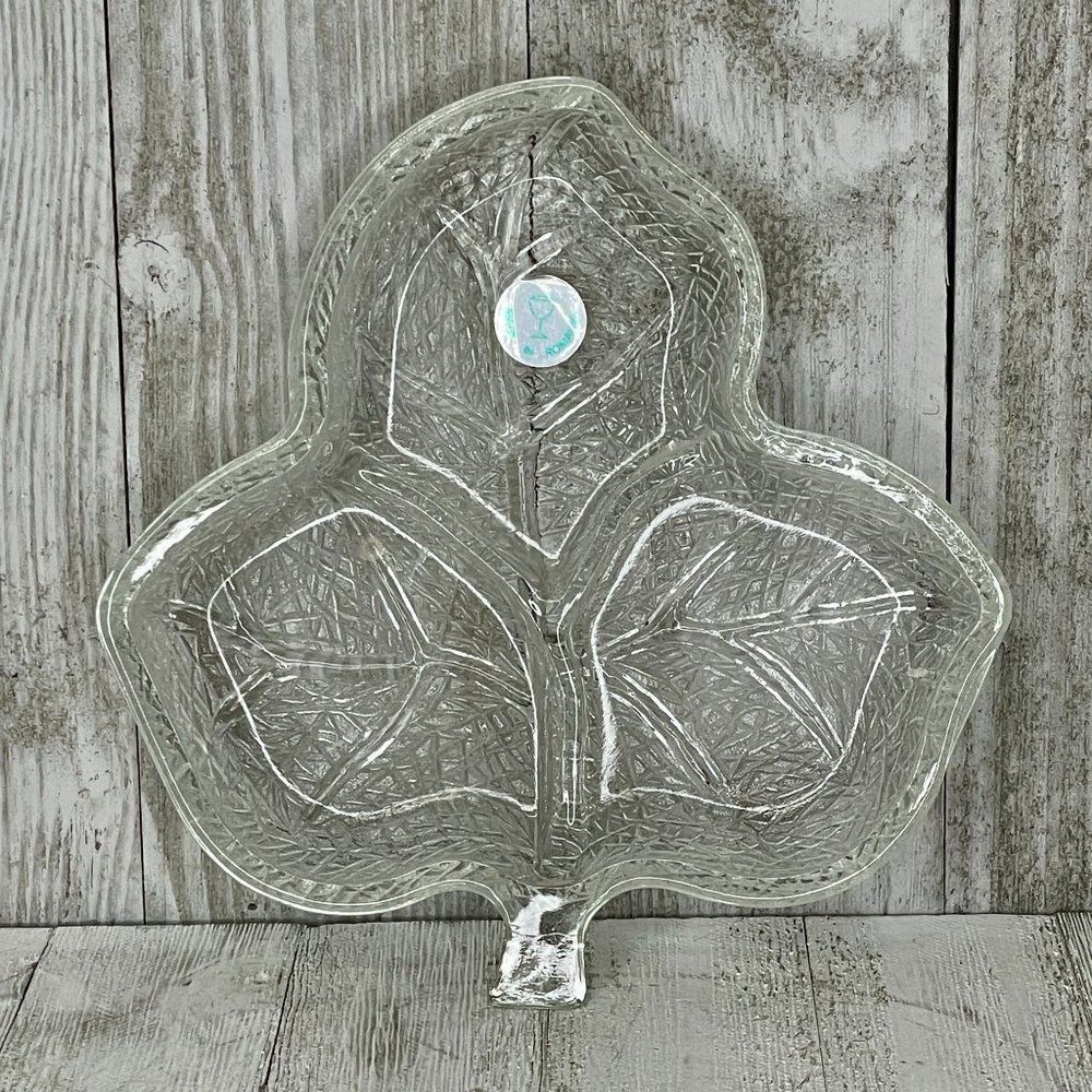 Vintage Romanian Pressed Crystal Leaf Shaped Divided Serving Dish